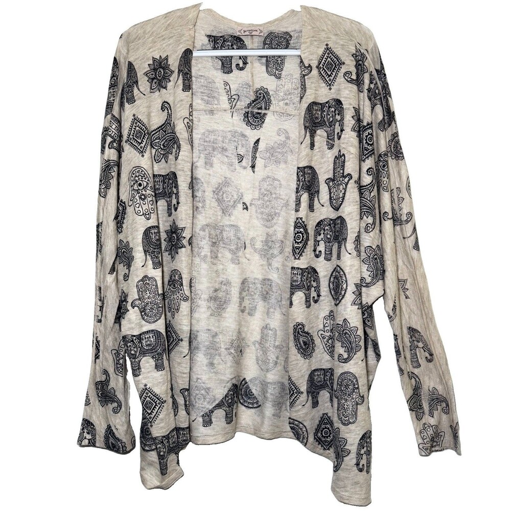 Gemstone Plus 2X Open Front Cardigan Beige Elephant Hamsa Paisley Boho Duster